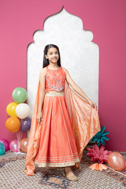 floral orange lehenga